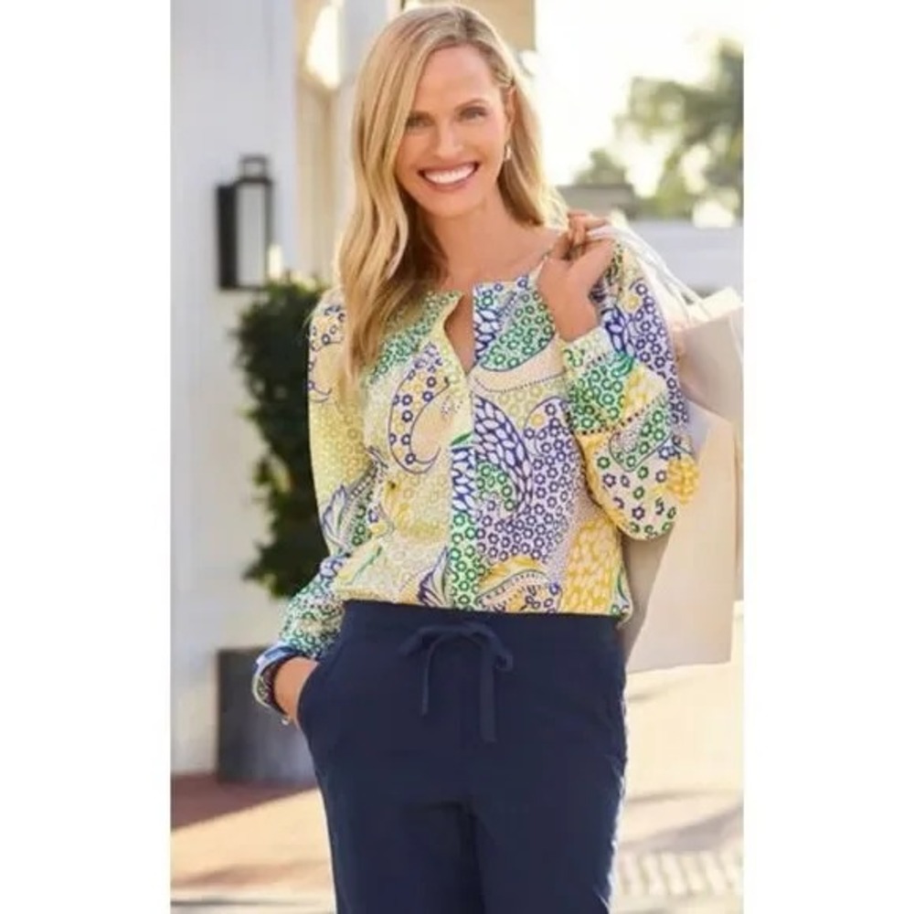 Talbots Paisley Popover Top Womens M Smocked Boho Peasant Blouse